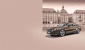 Olive-brown luxury car against The Place de la Bourse on a sepia background