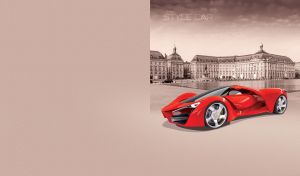 Red concept car against The Place de la Bourse on a sepia background