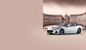 White sports convertible against The Place de la Bourse on a sepia background
