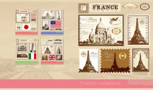Famous sights of France on postage stamps on a faded sepia Paris cityscape