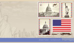 Famous sights of the US on postage stamps on a faded sepia New York cityscape