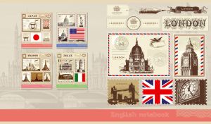 Famous sights of the UK on postage stamps on a faded sepia London cityscape