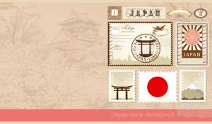 Famous sights of Japan on postage stamps on faded sepia Hirosaki Castle scenery