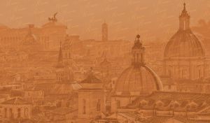 A vintage panoramic view of Rome in sepia tones