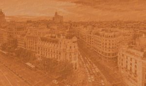 A vintage panoramic view of Madrid in sepia tones