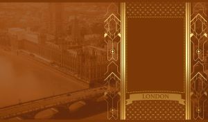 Golden Art Deco ornament on a vintage sepia panoramic London scene