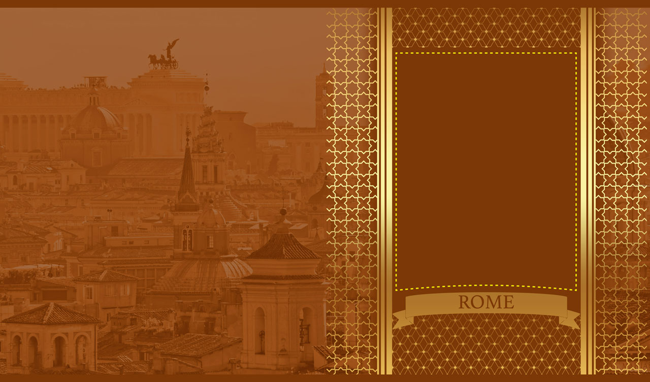 Golden Arabic geometric ornament on a vintage sepia panoramic Rome scene