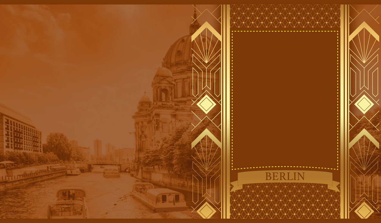 Golden Art Deco ornament on a vintage sepia panoramic Berlin scene