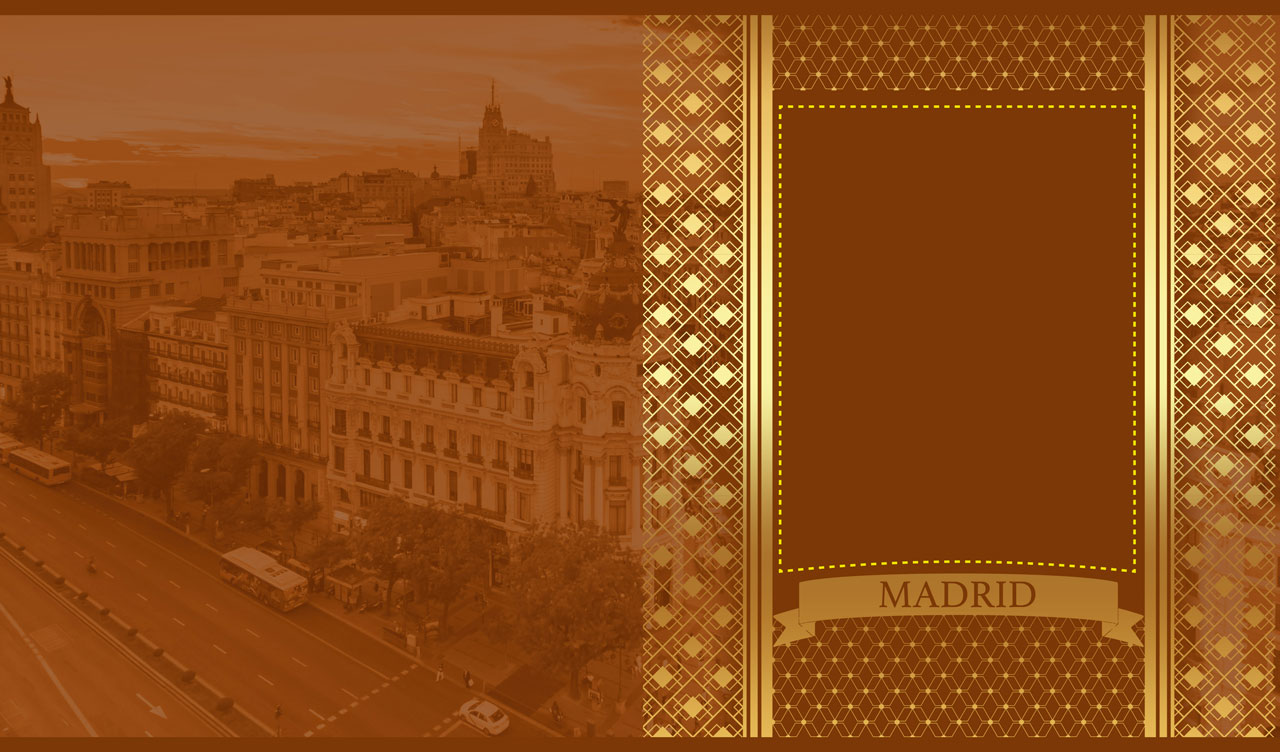 Golden retro abstract ornament on a vintage sepia panoramic Madrid scene