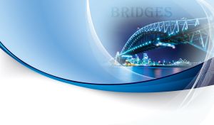 Sydney Harbour Bridge in Australia lit up at night. Blue and white background.