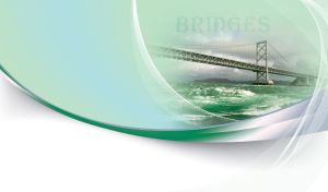 Great Seto Bridge in Japan over rough sea. Green, aqua and white background.