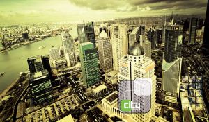 A panorama of new buildings in Pudong, Shanghai city in sepia-green