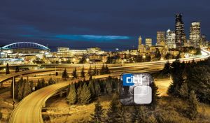 A panorama of a night highway in Seattle in navy-tan