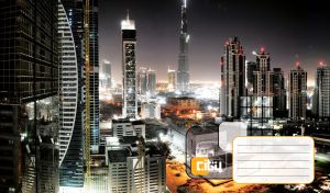 A panorama of Dubai city glowing in the night in black and white