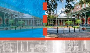 Campus of the University of Tampa outdoor in sunlight with sidewalk in a shadow