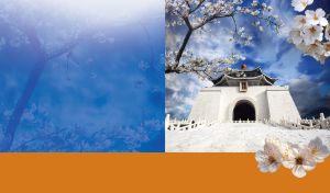 White cherry blossoms in front of the National Chiang Kai-Shek Memorial Hall