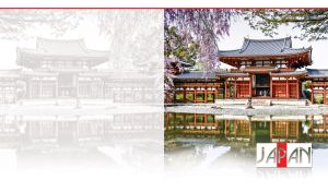 The Byodoin Temple and the pink sakura blossoms reflected in the clear water