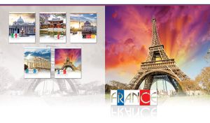 Eiffel Tower against a blue to purple gradient sky with golden rays