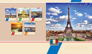 The Eiffel Tower and the Fontaines de Chaillot in Paris on a beige postcard