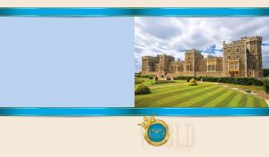 Landscape of Windsor Castle with green lawns in a blue frame on pastel beige