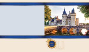 Landscape of Castle of Sully-sur-Loire at sunset in a blue frame on pastel beige