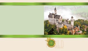 Aerial view of Neuschwanstein Castle in mist in a green frame on pastel beige