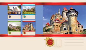 Kreuzenstein Castle landscape against the blue sky on red and pastel beige