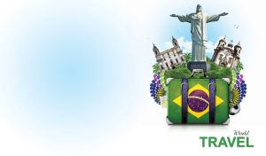 Suitcase with Brazil flag and Brazilian iconic landmarks isolated on white