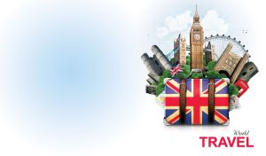 Suitcase with the UK flag and iconic UK landmarks isolated on white