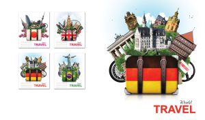Suitcase with Germany flag and iconic German landmarks isolated on white