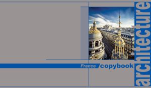 Rooftops of Boulevard Haussmann in Paris in an electric blue frame on a grey backdrop