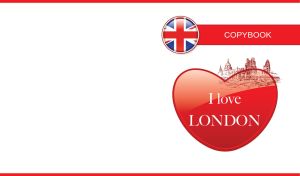 I LOVE LONDON art design on a red heart with the UK flag icon on white