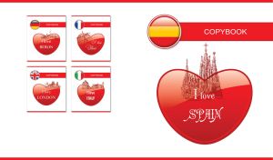 I LOVE SPAIN art design on a red heart with Spain flag icon on white