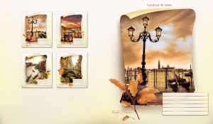 Sepia photo of a street lamp by the moored gondolas in Venice on white