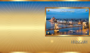 Budapest nightlife in a golden frame on golden-blue backdrop with golden rays