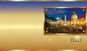 Rome nightlife in a golden frame on gold-blue backdrop with golden rays