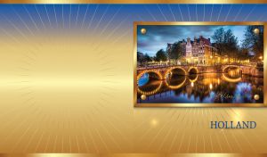 Amsterdam nightlife in a golden frame on gold-blue backdrop with golden rays