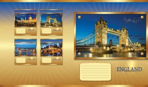 London nightlife in a golden frame on gold-blue backdrop with golden rays