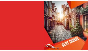 Old town street view in Bremerhaven behind a geometric red frame