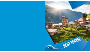 Svaneti valley view behind a geometric blue frame