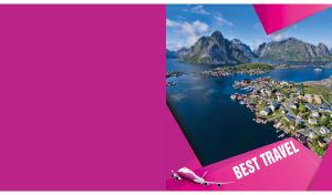 Reine town on the Lofoten island aerial view behind a geometric fuchsia frame
