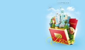 Cultural and business traveling composition on a pastel blue backdrop