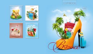 Beach and party traveling composition on a pastel blue backdrop