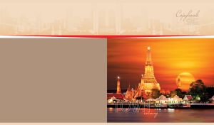Sunset view of Wat Arun bay in Bangkok on a beige backdrop