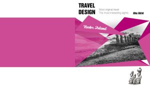 Black-and-white sight of Ahu Akivi in Chile on fuchsia and white