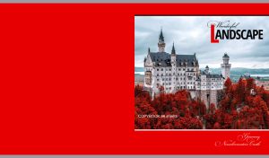 European landmark featuring Neuschwanstein Castle landscape on a red backdrop