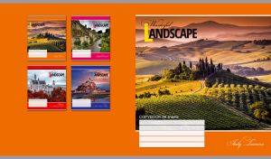 European landmark featuring a valley landscape in Tuscany on an orange backdrop