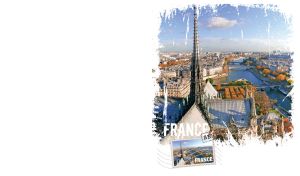 Aerial view of the spire of Notre-Dame de Paris on a white vignette backdrop