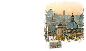 Aerial view of Vatican City on a white vignette backdrop