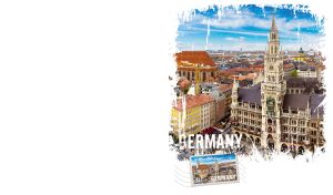 Aerial view of the Marienplatz square in Munich on a white vignette backdrop